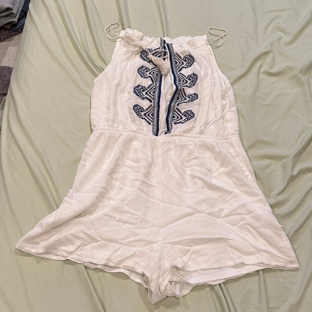 Missguided White Romper with Navy Embroidery